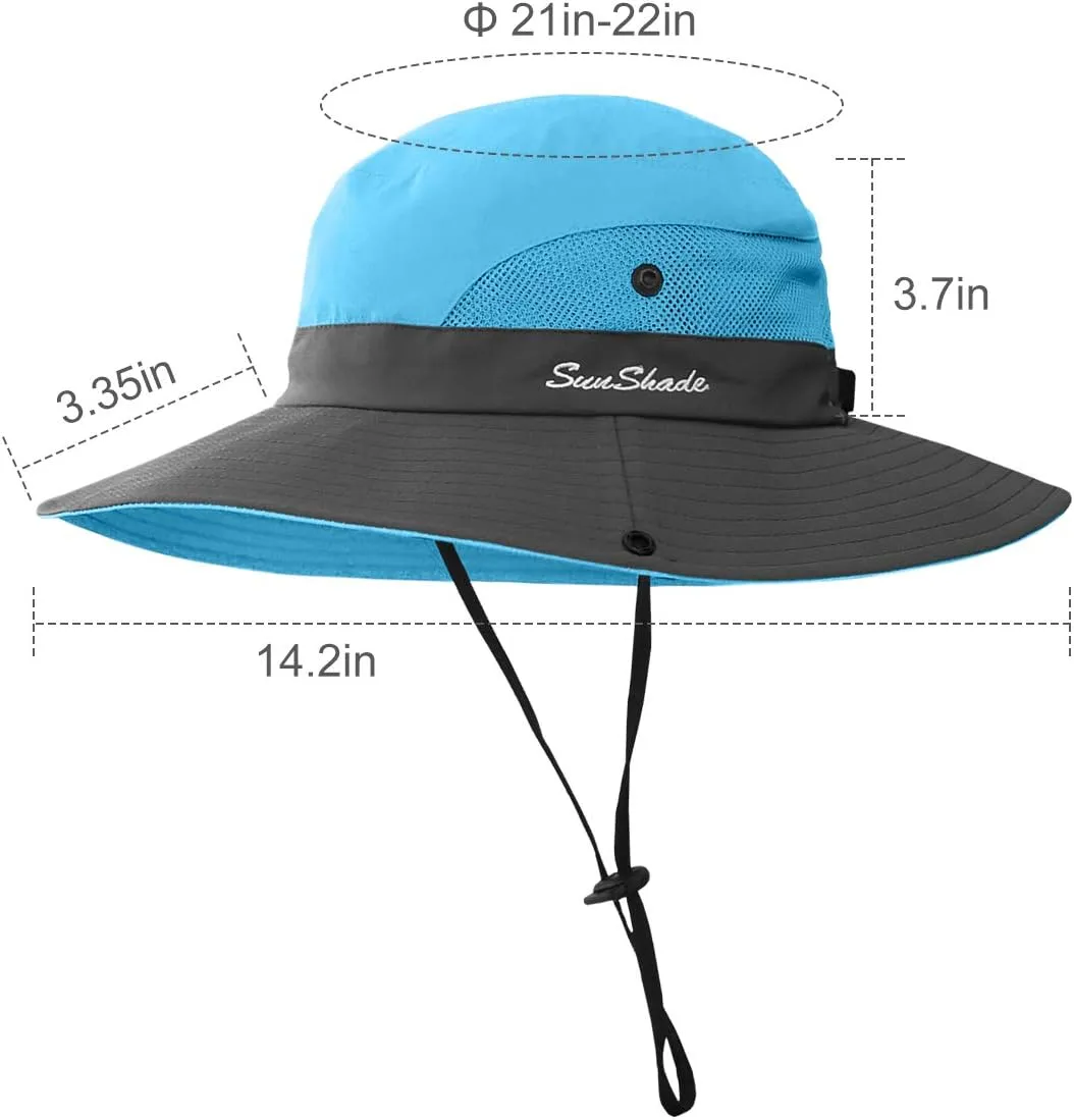 2 Pieces 5-14Y Kids Summer Sun Hat Wide Brim UV Protection for Girls Ponytail Beach Bucket Cap