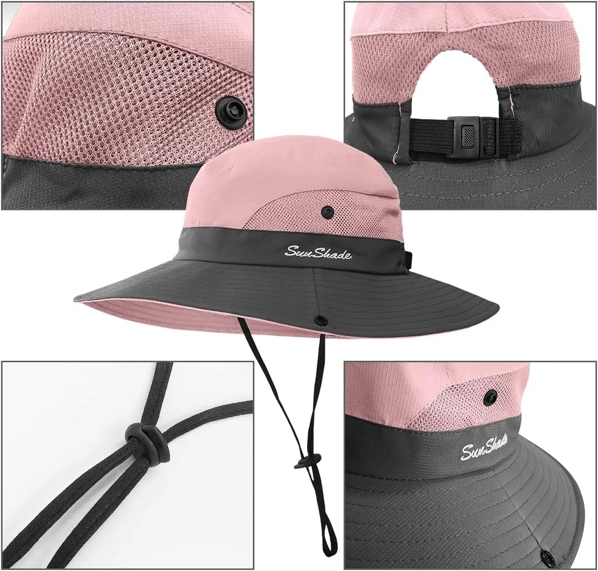 2 Pieces 5-14Y Kids Summer Sun Hat Wide Brim UV Protection for Girls Ponytail Beach Bucket Cap