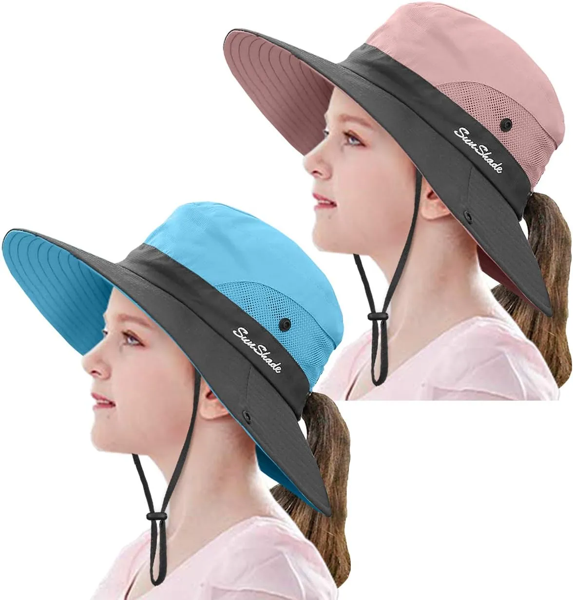 2 Pieces 5-14Y Kids Summer Sun Hat Wide Brim UV Protection for Girls Ponytail Beach Bucket Cap