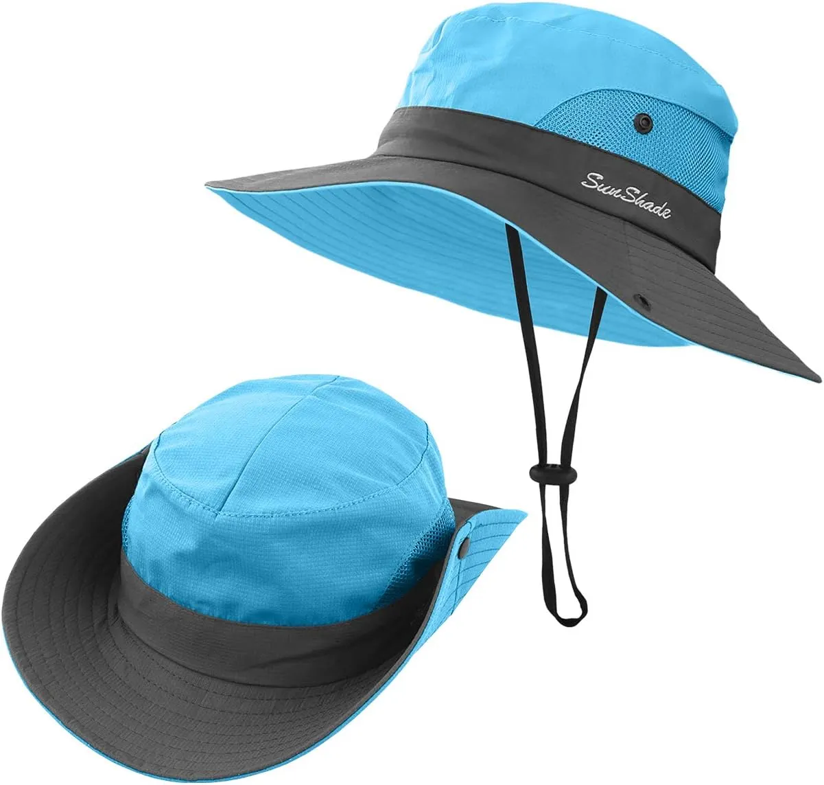 2 Pieces 5-14Y Kids Summer Sun Hat Wide Brim UV Protection for Girls Ponytail Beach Bucket Cap