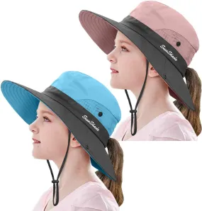 2 Pieces 5-14Y Kids Summer Sun Hat Wide Brim UV Protection for Girls Ponytail Beach Bucket Cap