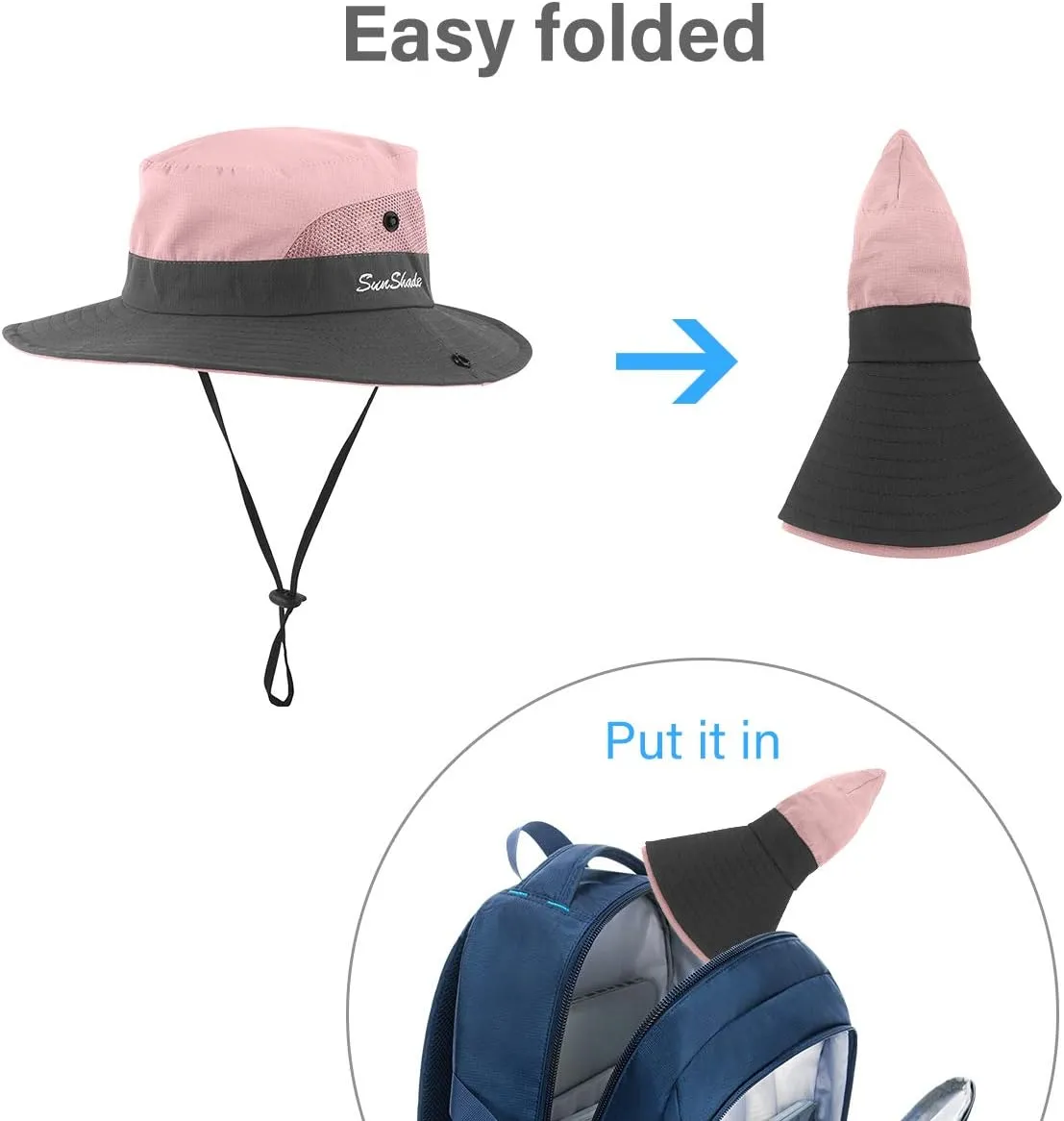 2 Pieces 5-14Y Kids Summer Sun Hat Wide Brim UV Protection for Girls Ponytail Beach Bucket Cap