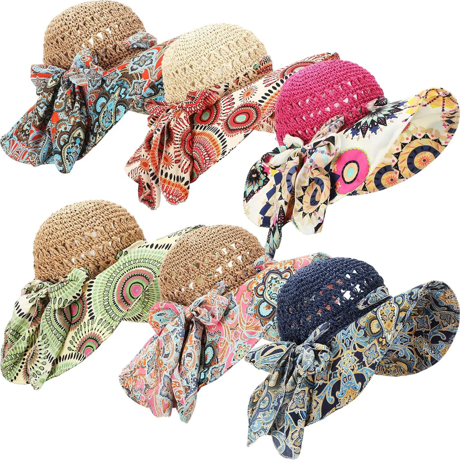 6 Pcs Summer Mesh Sun Hats Women Wide Brim Beach Hats UV Protection Packable Bucket Fishing Straw Caps with Chin Strap for Outdoor Women Travel Beach Visor Multicolor
