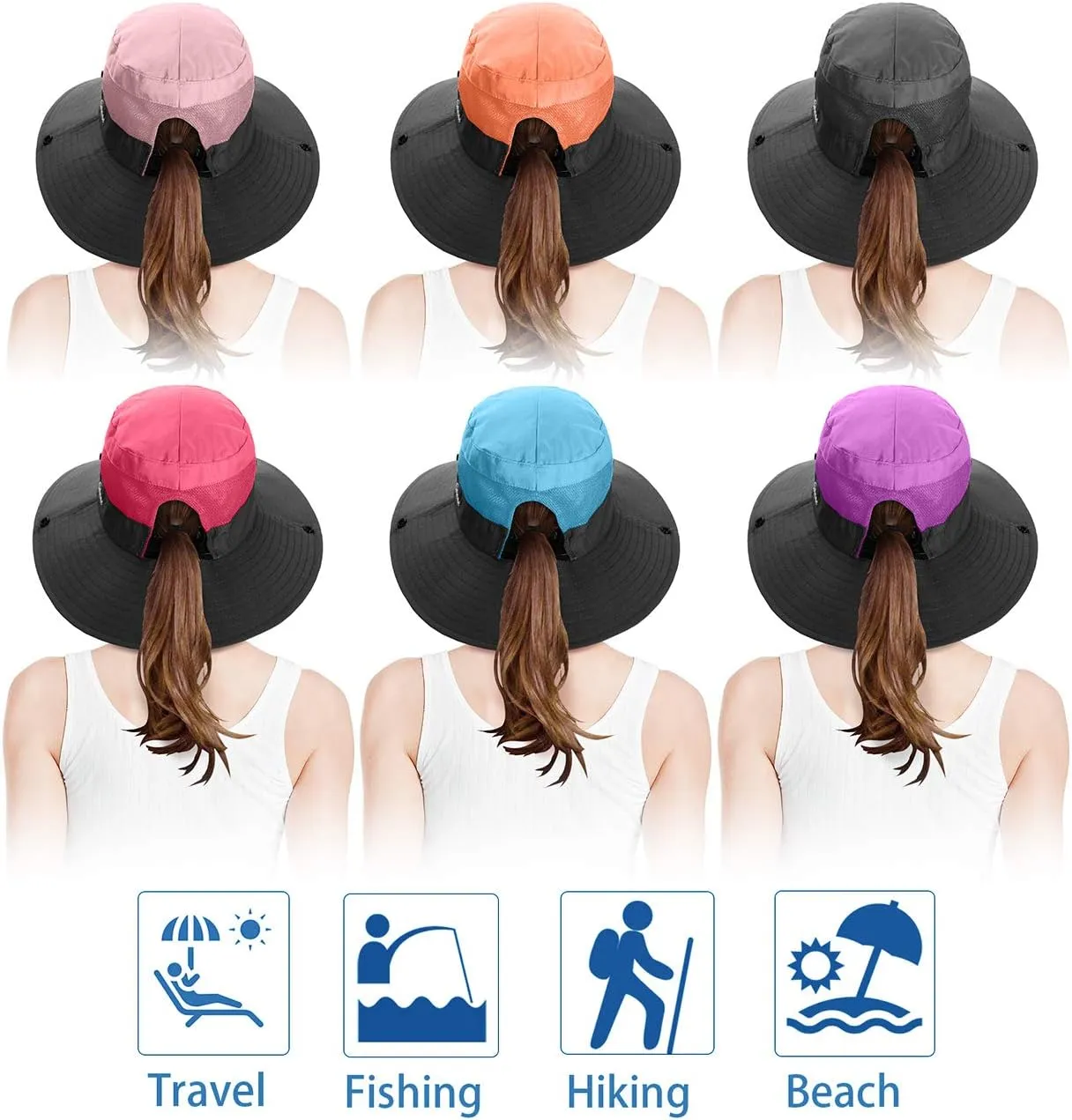 6 Pieces Womens Ponytail Wide Brim Sun Hat Packable UV Protection Beach Cap for Fishing & Hiking