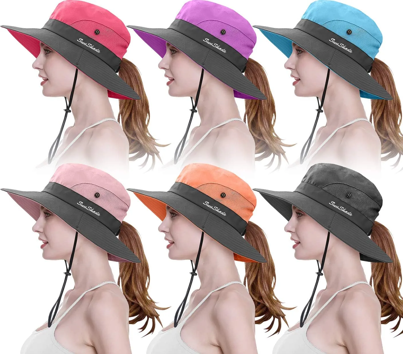 6 Pieces Womens Ponytail Wide Brim Sun Hat Packable UV Protection Beach Cap for Fishing & Hiking