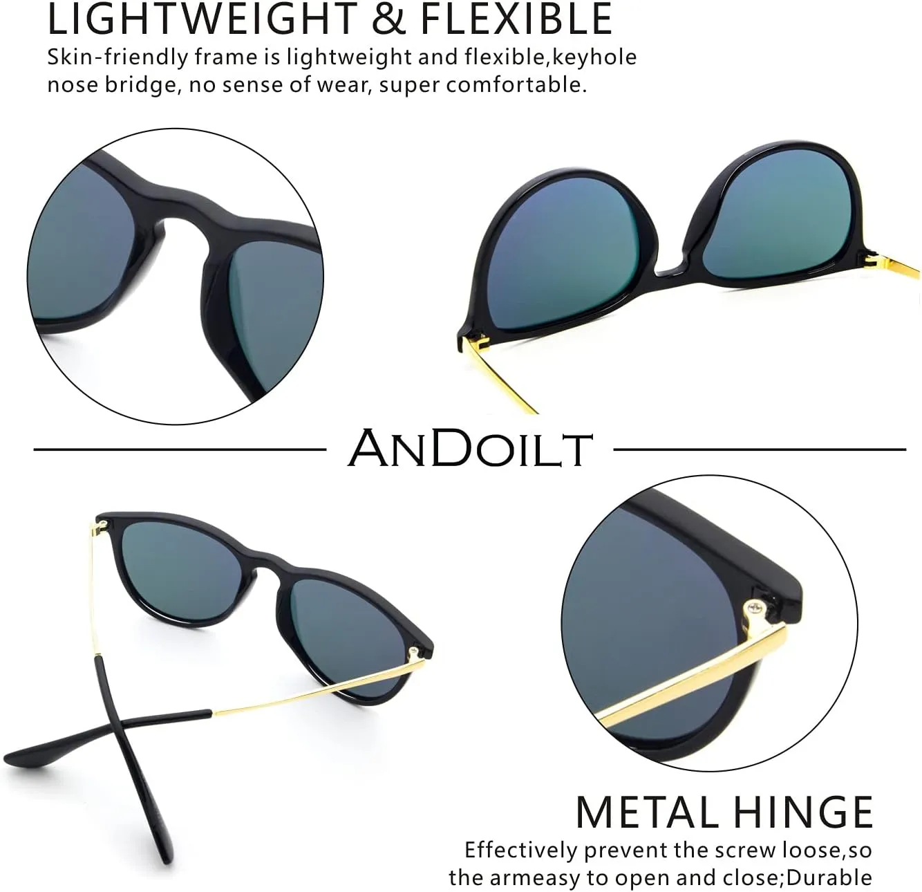ANDOILT Vintage Polarized Sunglasses for Women Men UV Protection Retro Round Mirrored Lens