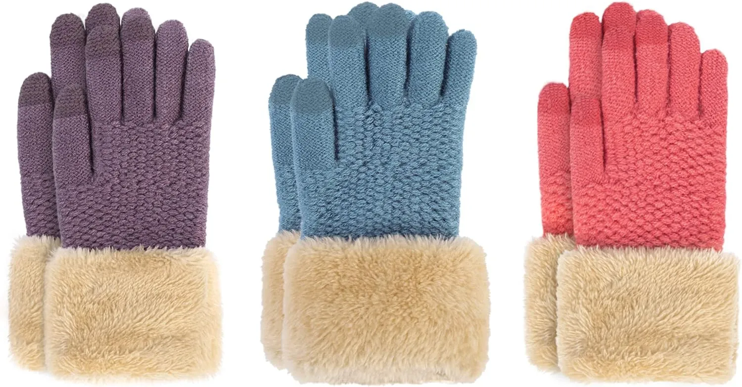Arctic Paw Kids Winter Gloves 2 & 3 Pack - Touchscreen Knit Gloves with Faux Fur Cuff