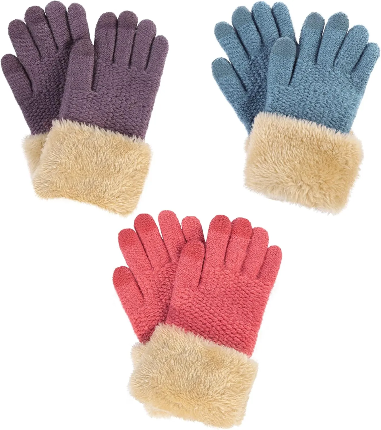 Arctic Paw Kids Winter Gloves 2 & 3 Pack - Touchscreen Knit Gloves with Faux Fur Cuff
