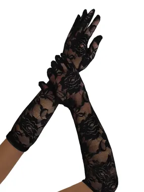 Black Rose Lace Elbow Gloves - One Size