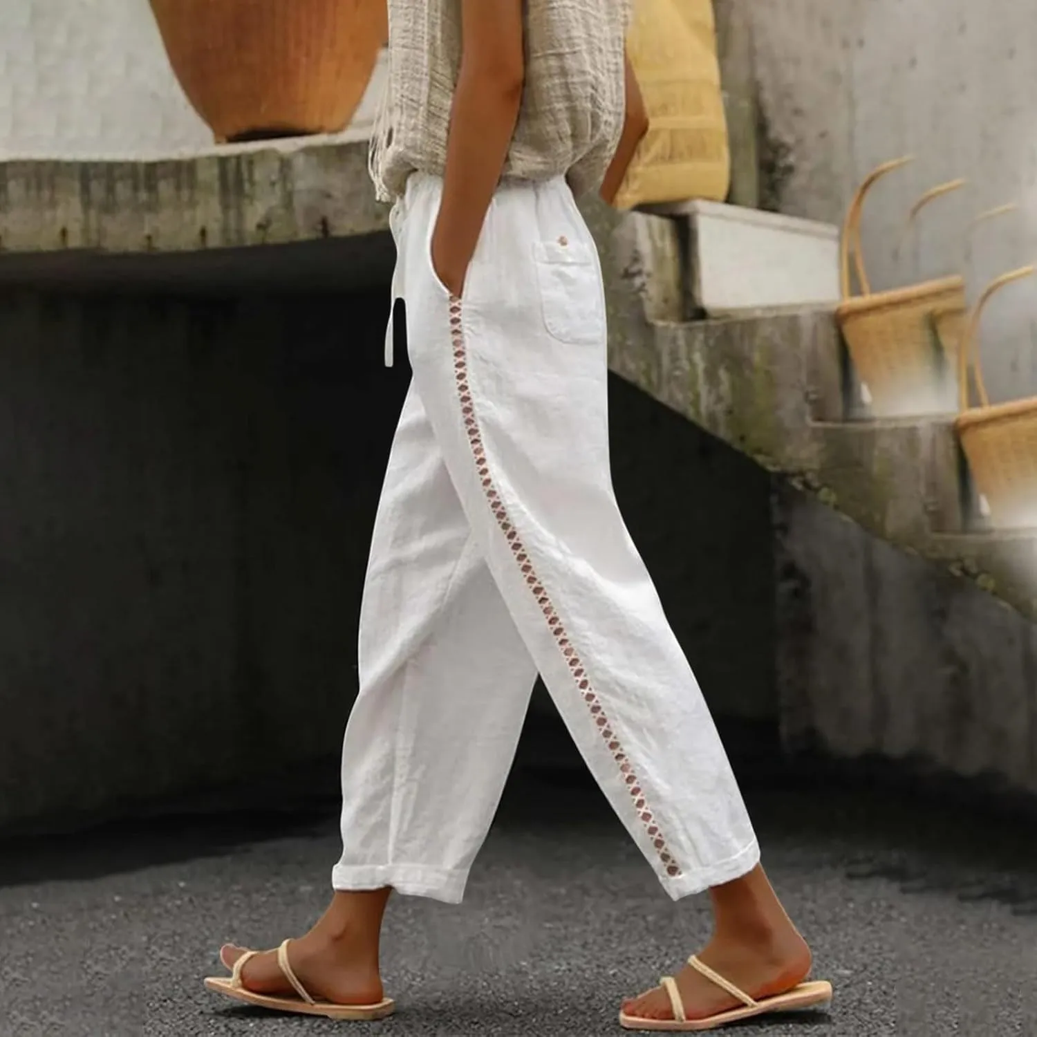 Breezy Linen Pants Women Side Split Hem Wide Leg Beach Trousers with Hidden Pocket Summer 2025
