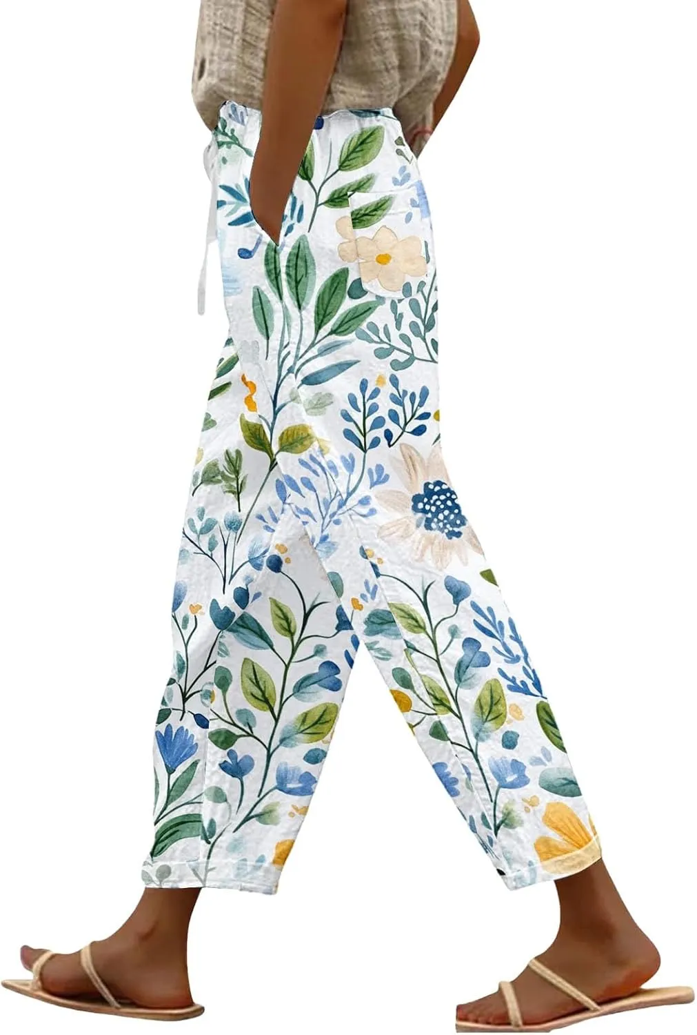 Breezy Linen Pants Women Side Split Hem Wide Leg Beach Trousers with Hidden Pocket Summer 2025