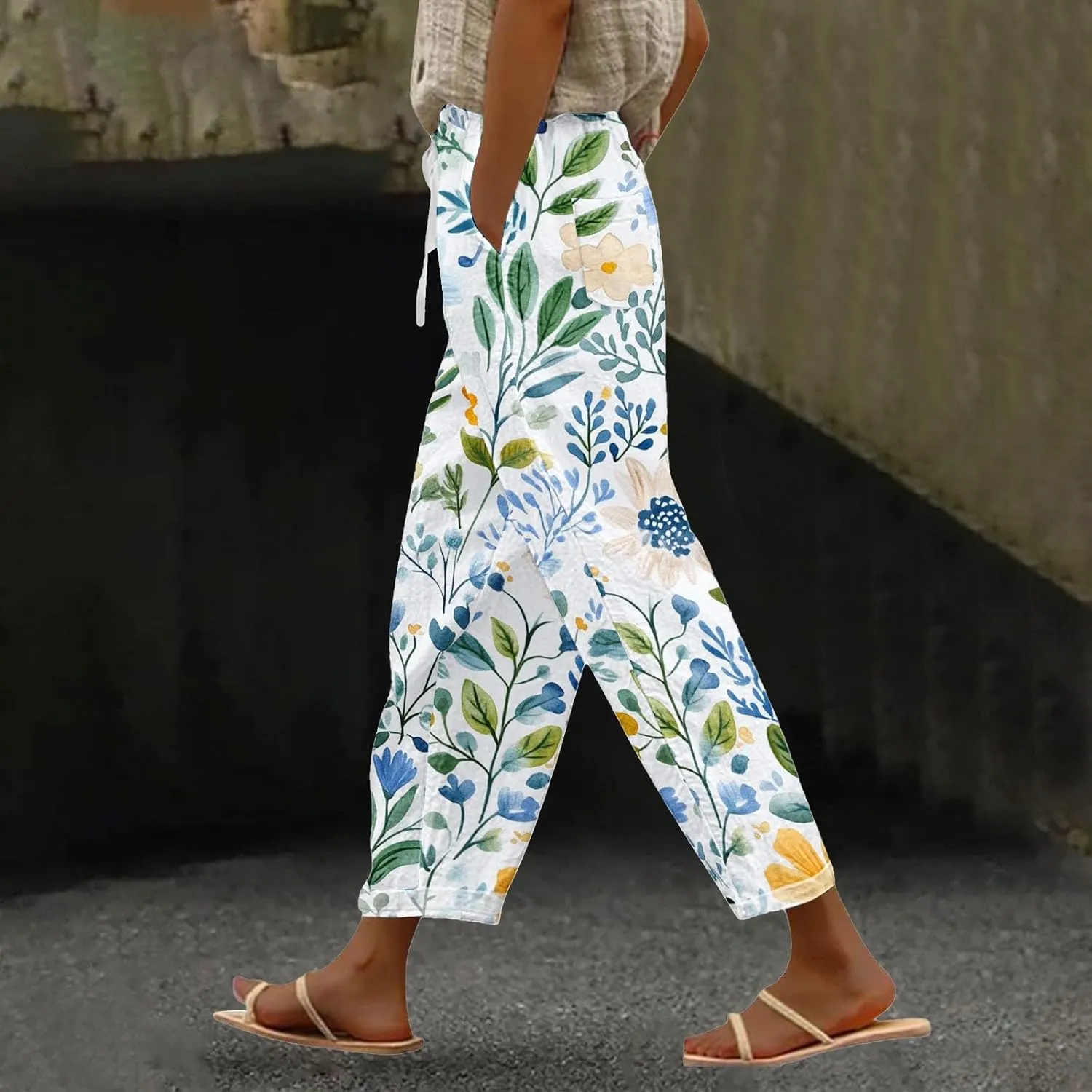 Breezy Linen Pants Women Side Split Hem Wide Leg Beach Trousers with Hidden Pocket Summer 2025