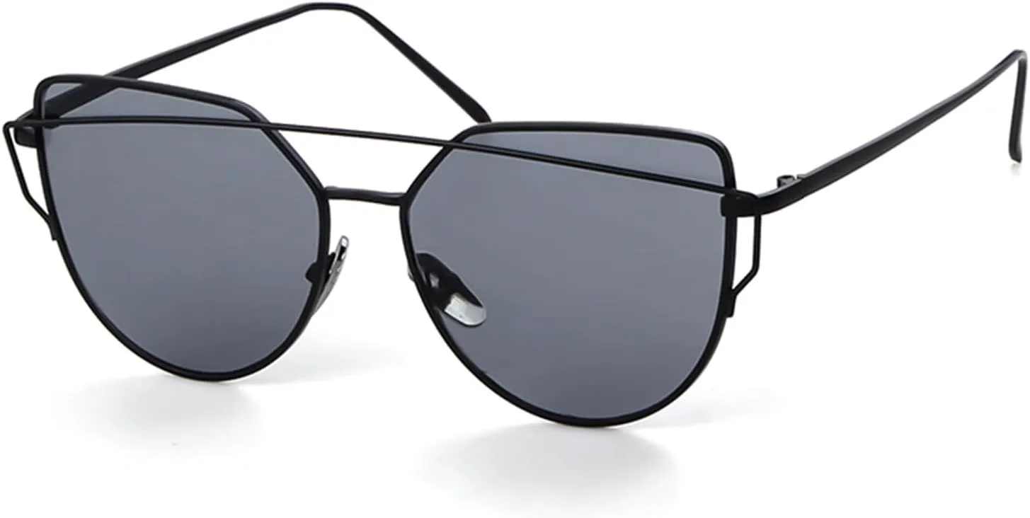 Cat Eye Sunglasses for Women Double Bridges Aviator Sun Glasses Metal Frame Mirrored Lens Y2K Glasses UV400 Protection