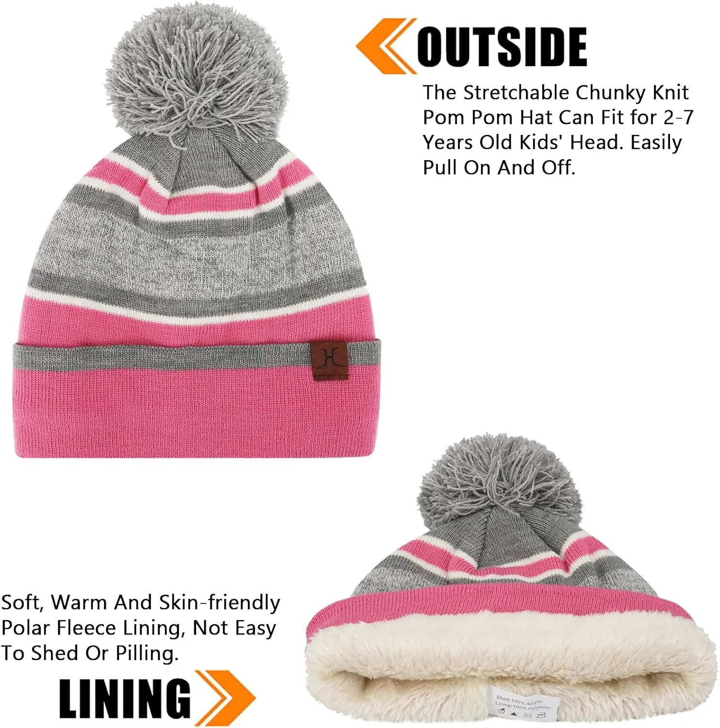 Kids Toddlers Winter Knit Warm Beanie Hat Scarf Gloves Set for Boys Girls Age 2-7, Pompom Cap Neck Warmer Gloves Fleece Lined
