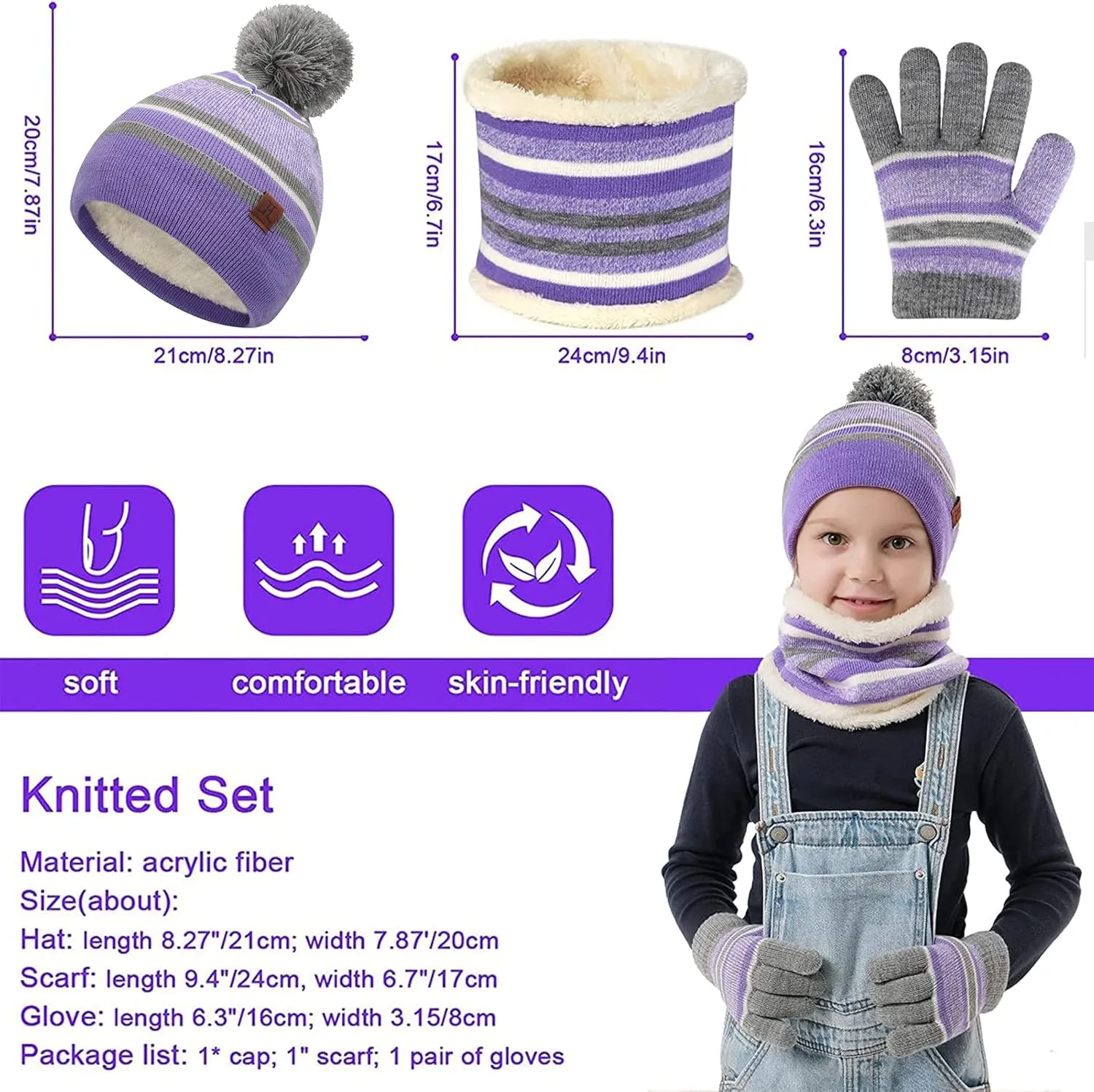 Kids Toddlers Winter Knit Warm Beanie Hat Scarf Gloves Set for Boys Girls Age 2-7, Pompom Cap Neck Warmer Gloves Fleece Lined