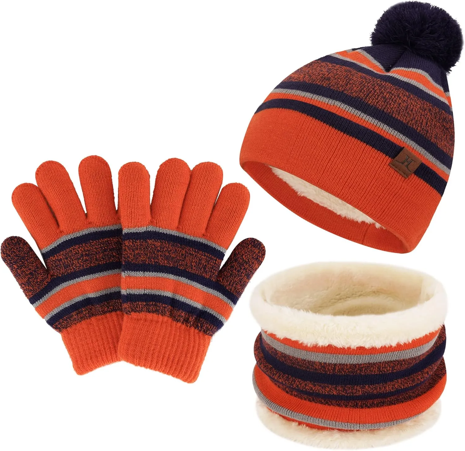 Kids Toddlers Winter Knit Warm Beanie Hat Scarf Gloves Set for Boys Girls Age 2-7, Pompom Cap Neck Warmer Gloves Fleece Lined