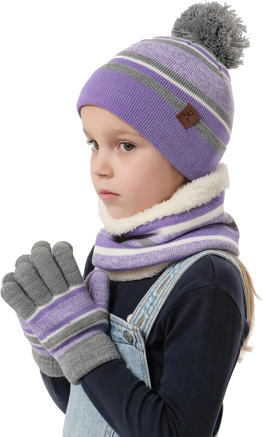 Kids Toddlers Winter Knit Warm Beanie Hat Scarf Gloves Set for Boys Girls Age 2-7, Pompom Cap Neck Warmer Gloves Fleece Lined