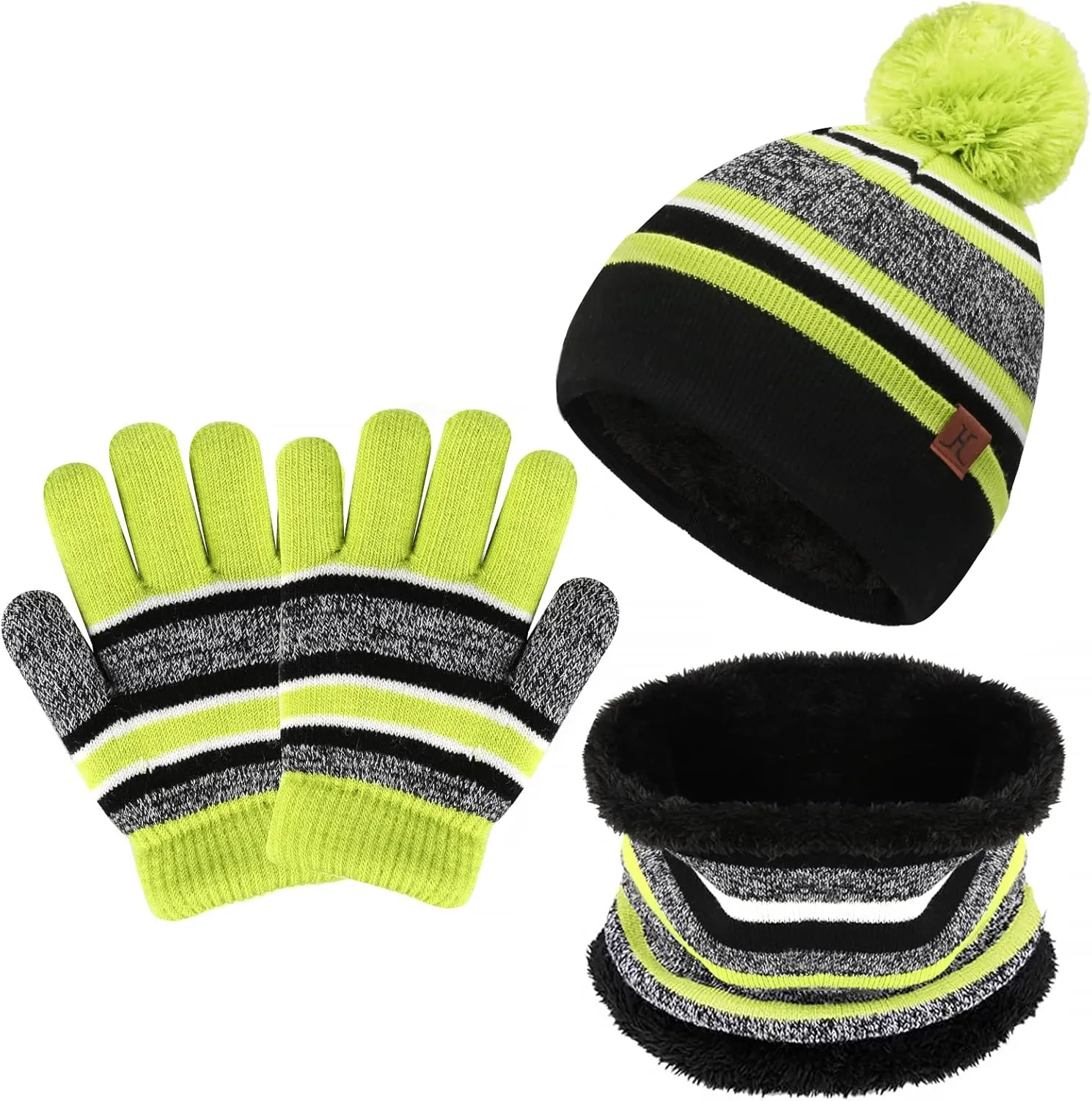 Kids Toddlers Winter Knit Warm Beanie Hat Scarf Gloves Set for Boys Girls Age 2-7, Pompom Cap Neck Warmer Gloves Fleece Lined