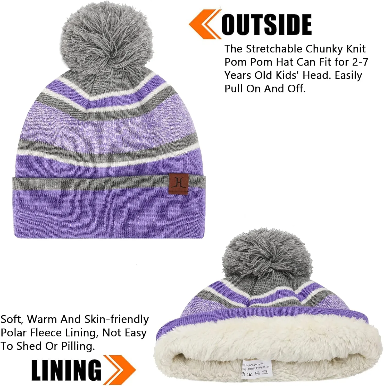Kids Toddlers Winter Knit Warm Beanie Hat Scarf Gloves Set for Boys Girls Age 2-7, Pompom Cap Neck Warmer Gloves Fleece Lined