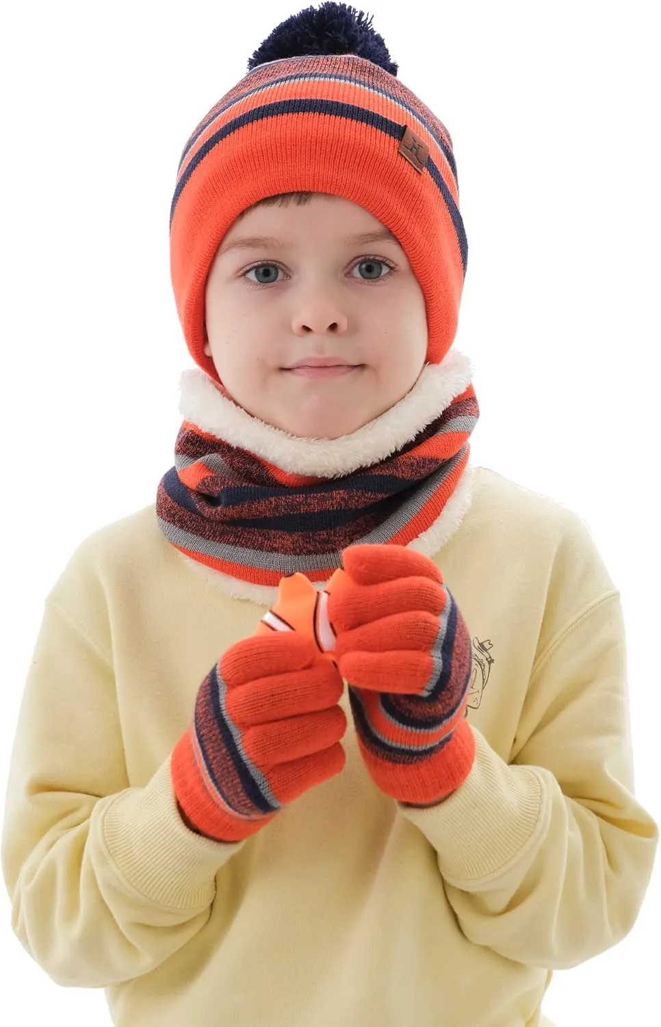 Kids Toddlers Winter Knit Warm Beanie Hat Scarf Gloves Set for Boys Girls Age 2-7, Pompom Cap Neck Warmer Gloves Fleece Lined