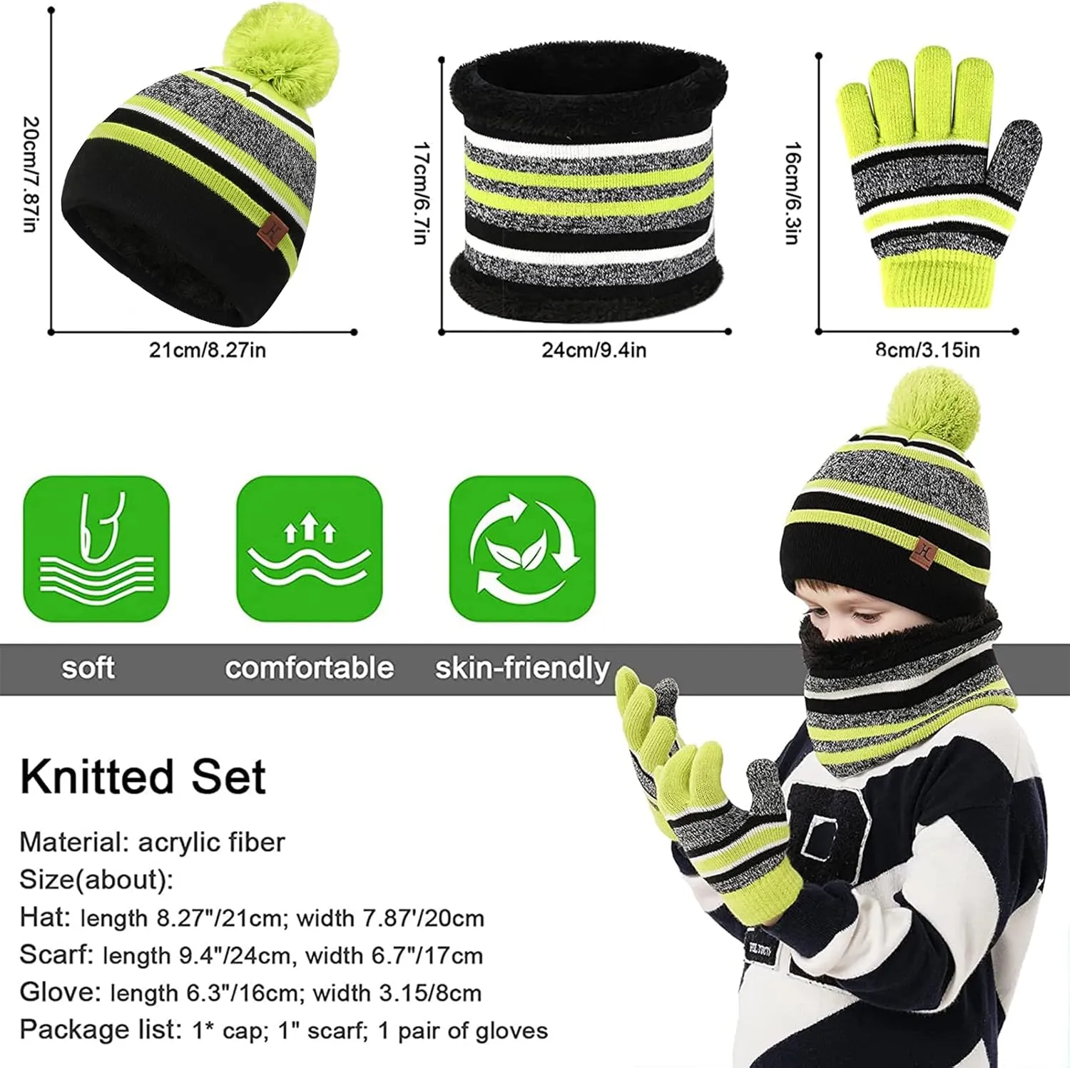 Kids Toddlers Winter Knit Warm Beanie Hat Scarf Gloves Set for Boys Girls Age 2-7, Pompom Cap Neck Warmer Gloves Fleece Lined