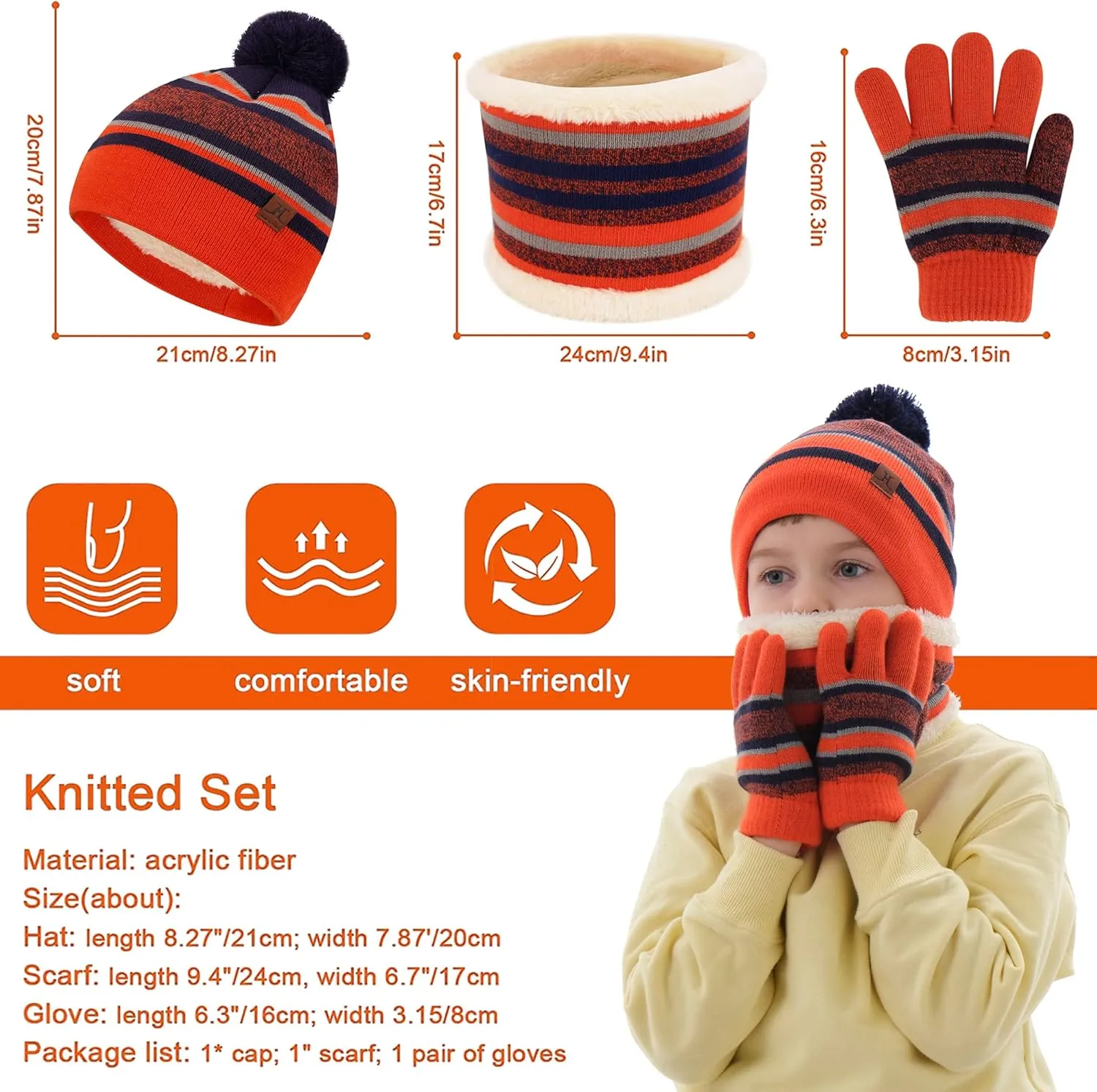 Kids Toddlers Winter Knit Warm Beanie Hat Scarf Gloves Set for Boys Girls Age 2-7, Pompom Cap Neck Warmer Gloves Fleece Lined