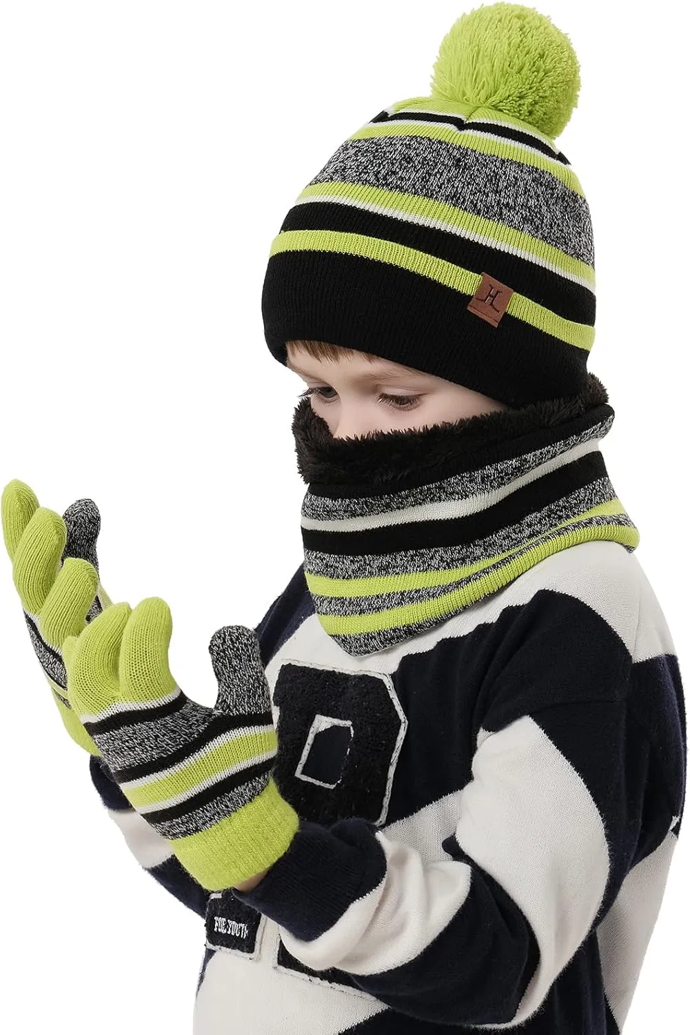 Kids Toddlers Winter Knit Warm Beanie Hat Scarf Gloves Set for Boys Girls Age 2-7, Pompom Cap Neck Warmer Gloves Fleece Lined