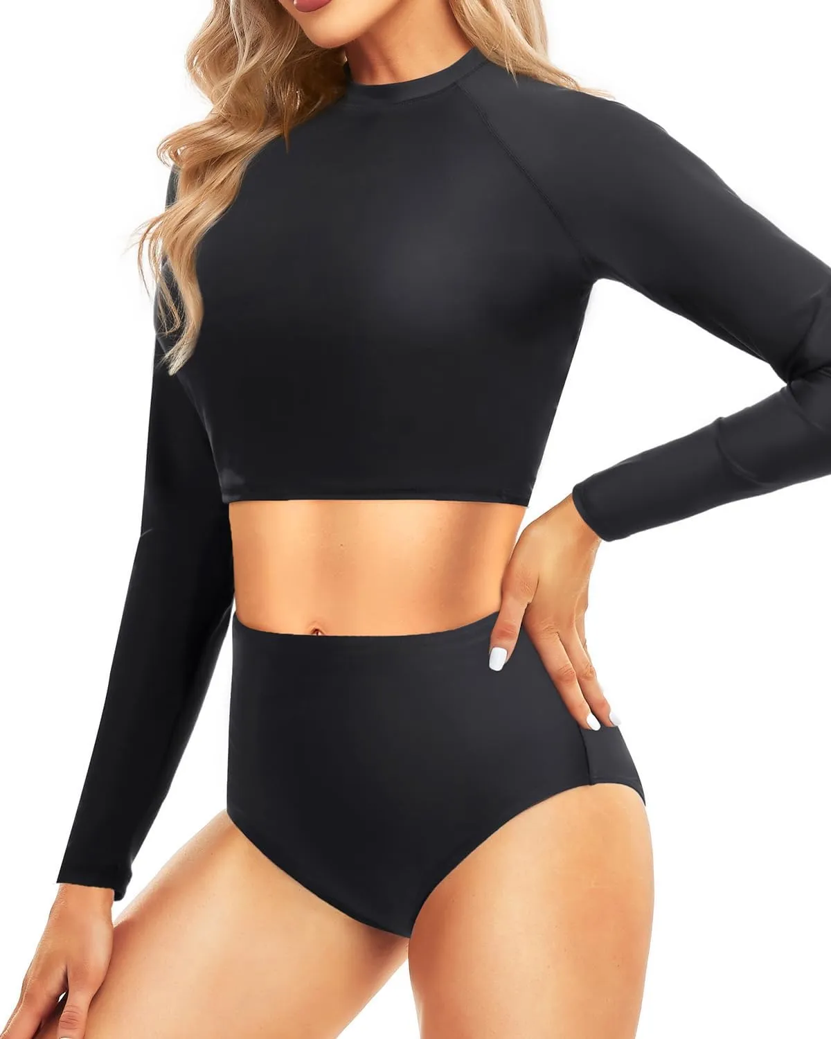 Pinup Fashion Long Sleeve Rash Guard - 2 Piece Swimsuit Bathing Suits with Bottom Swim Top UV UPF 50 
