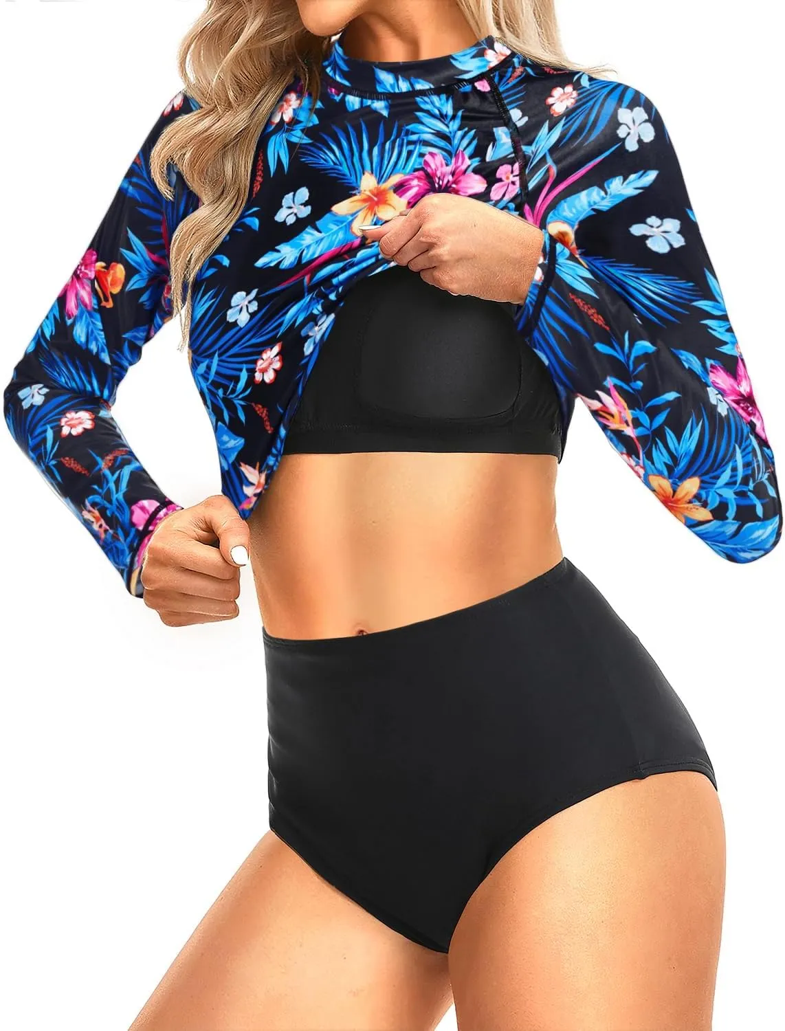Pinup Fashion Long Sleeve Rash Guard - 2 Piece Swimsuit Bathing Suits with Bottom Swim Top UV UPF 50 