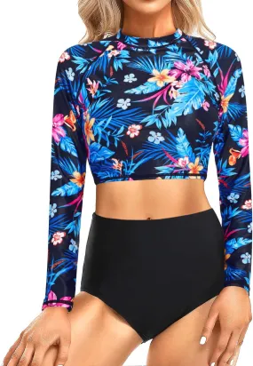 Pinup Fashion Long Sleeve Rash Guard - 2 Piece Swimsuit Bathing Suits with Bottom Swim Top UV UPF 50 