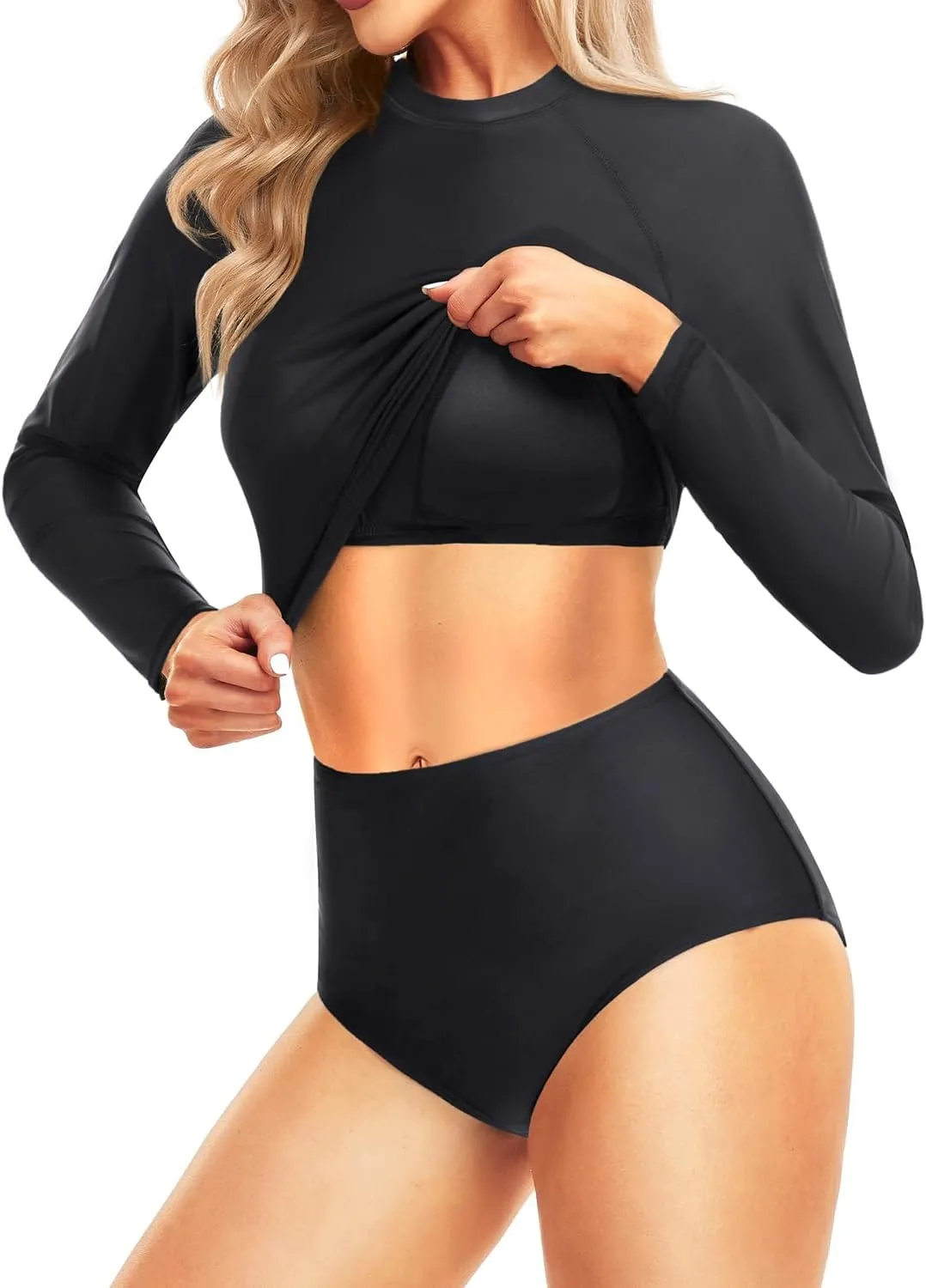Pinup Fashion Long Sleeve Rash Guard - 2 Piece Swimsuit Bathing Suits with Bottom Swim Top UV UPF 50 