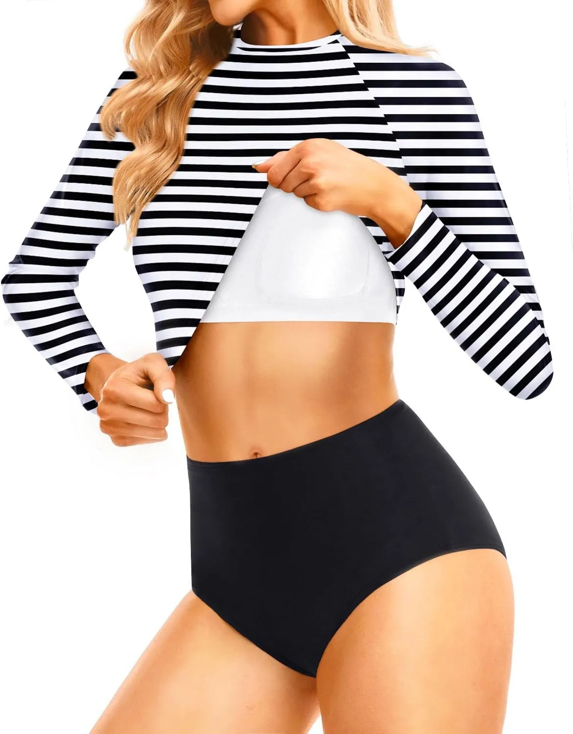 Pinup Fashion Long Sleeve Rash Guard - 2 Piece Swimsuit Bathing Suits with Bottom Swim Top UV UPF 50 