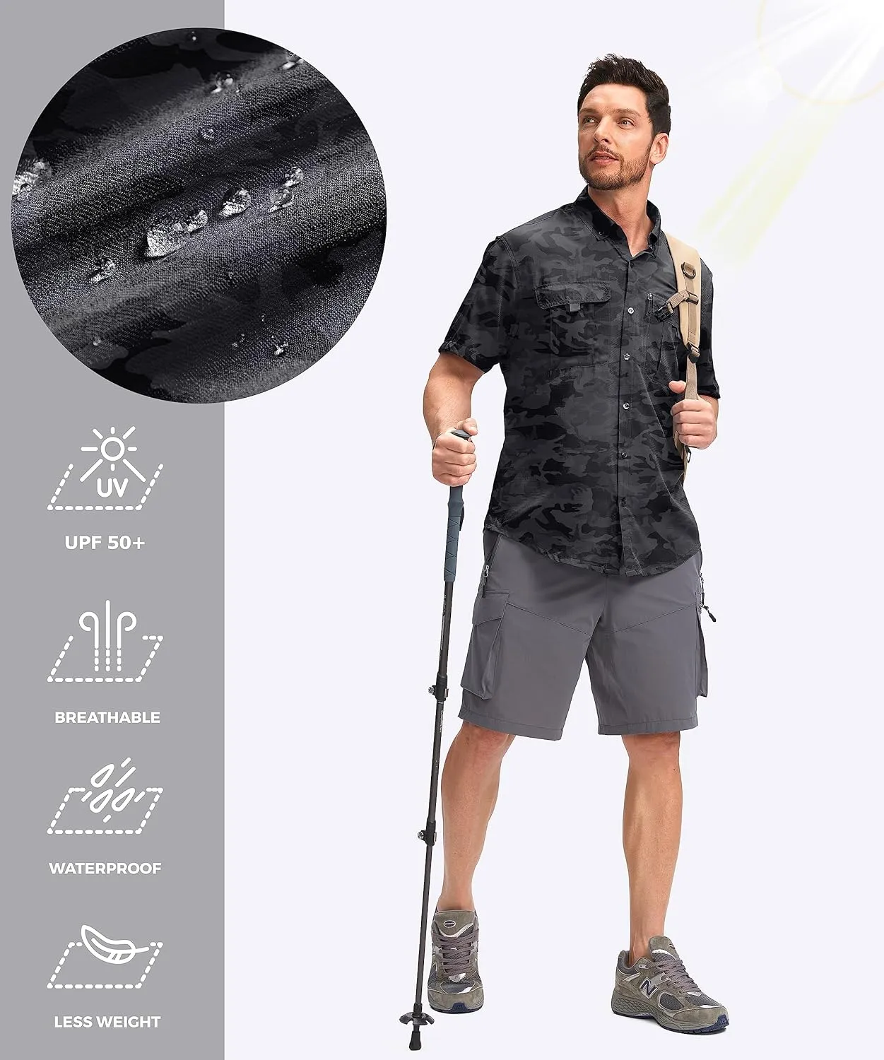 Pudolla Men's Fishing Shirts with Short Sleeves, Summer Travel Work Shirts, Button Down with UPF50  and Zipper Pockets