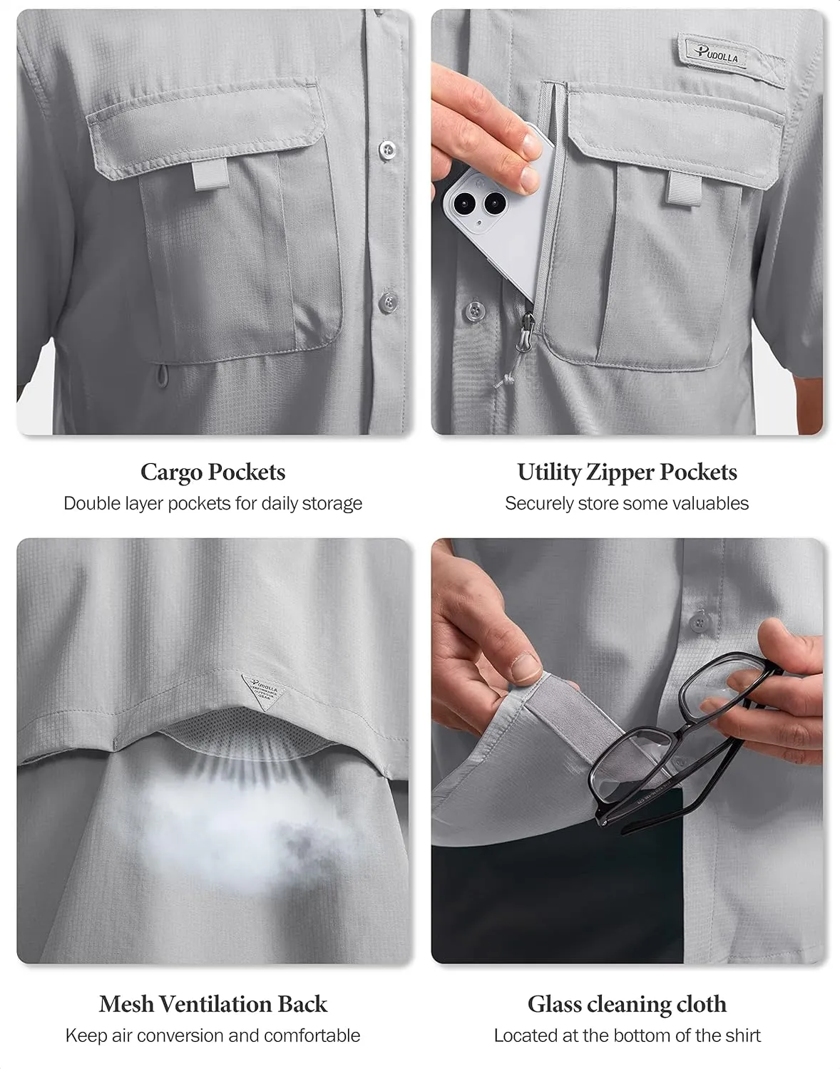 Pudolla Men's Fishing Shirts with Short Sleeves, Summer Travel Work Shirts, Button Down with UPF50  and Zipper Pockets