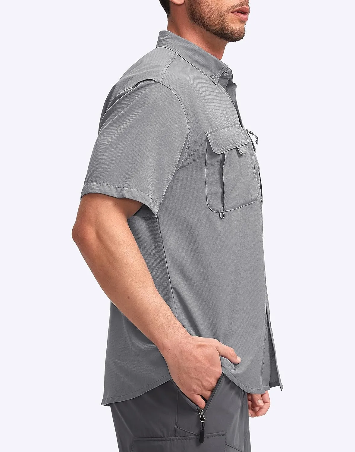 Pudolla Men's Fishing Shirts with Short Sleeves, Summer Travel Work Shirts, Button Down with UPF50  and Zipper Pockets