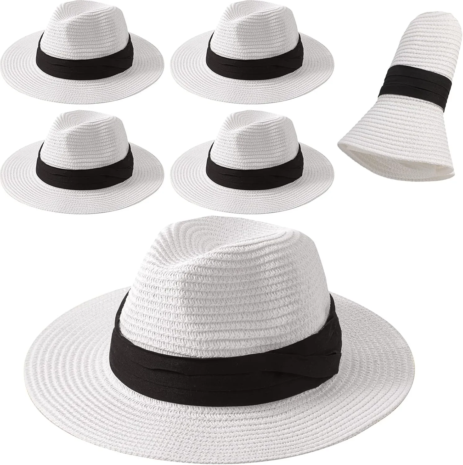 Roshtia 6 Pieces Panama Straw Hats for Men and Women Foldable Wide Brim Bride Hats Summer Sun Protection Hat
