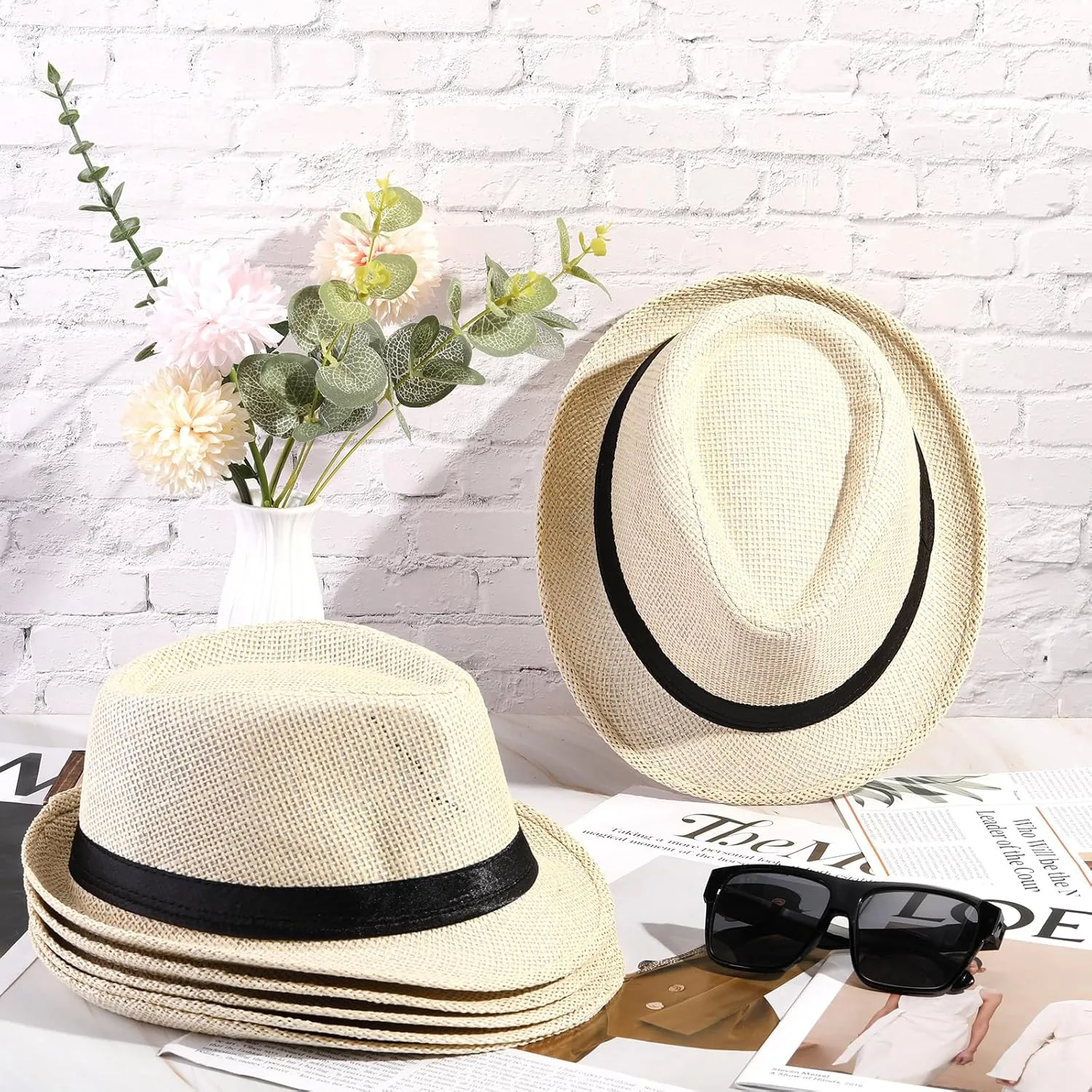 Roshtia 6 Pieces Panama Straw Hats for Men and Women Foldable Wide Brim Bride Hats Summer Sun Protection Hat