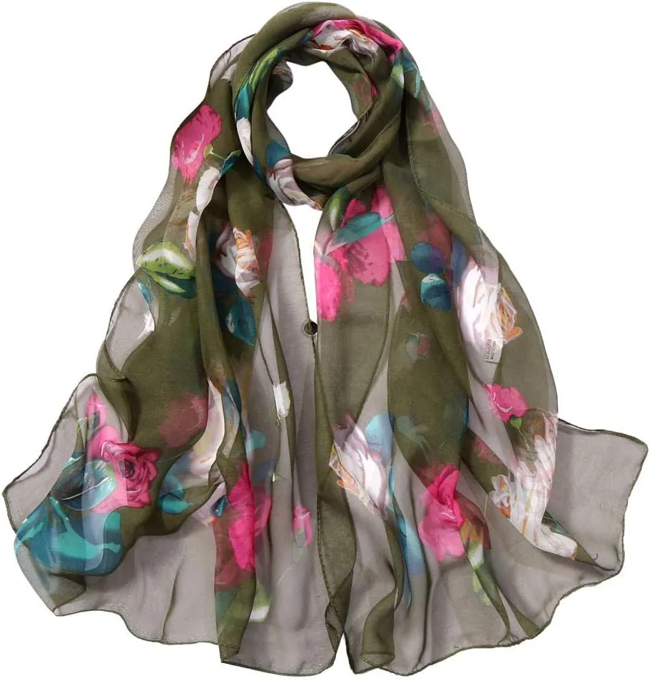 Silk Scarf for Women Wrap Fashion Roses Soft Long Printing Silk Shawl Scarves Simulation Scarf (a-Army Green, One Size)