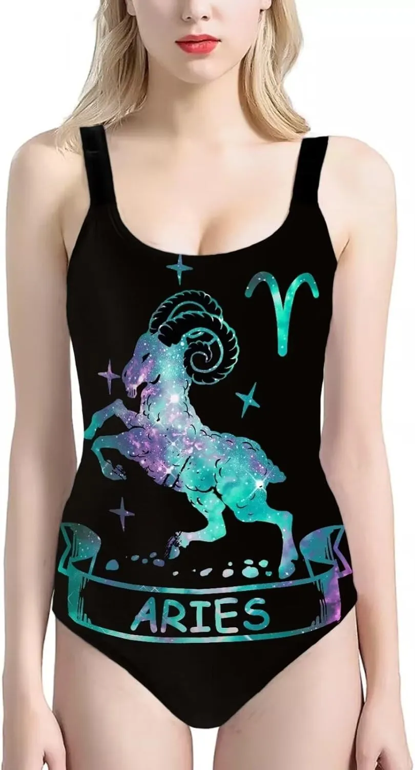 Sleeveless One-piece Swimwear for Women Sexy Backless Tank Suit Breezy Holidays Outfit Starry Style Zodiac Parint