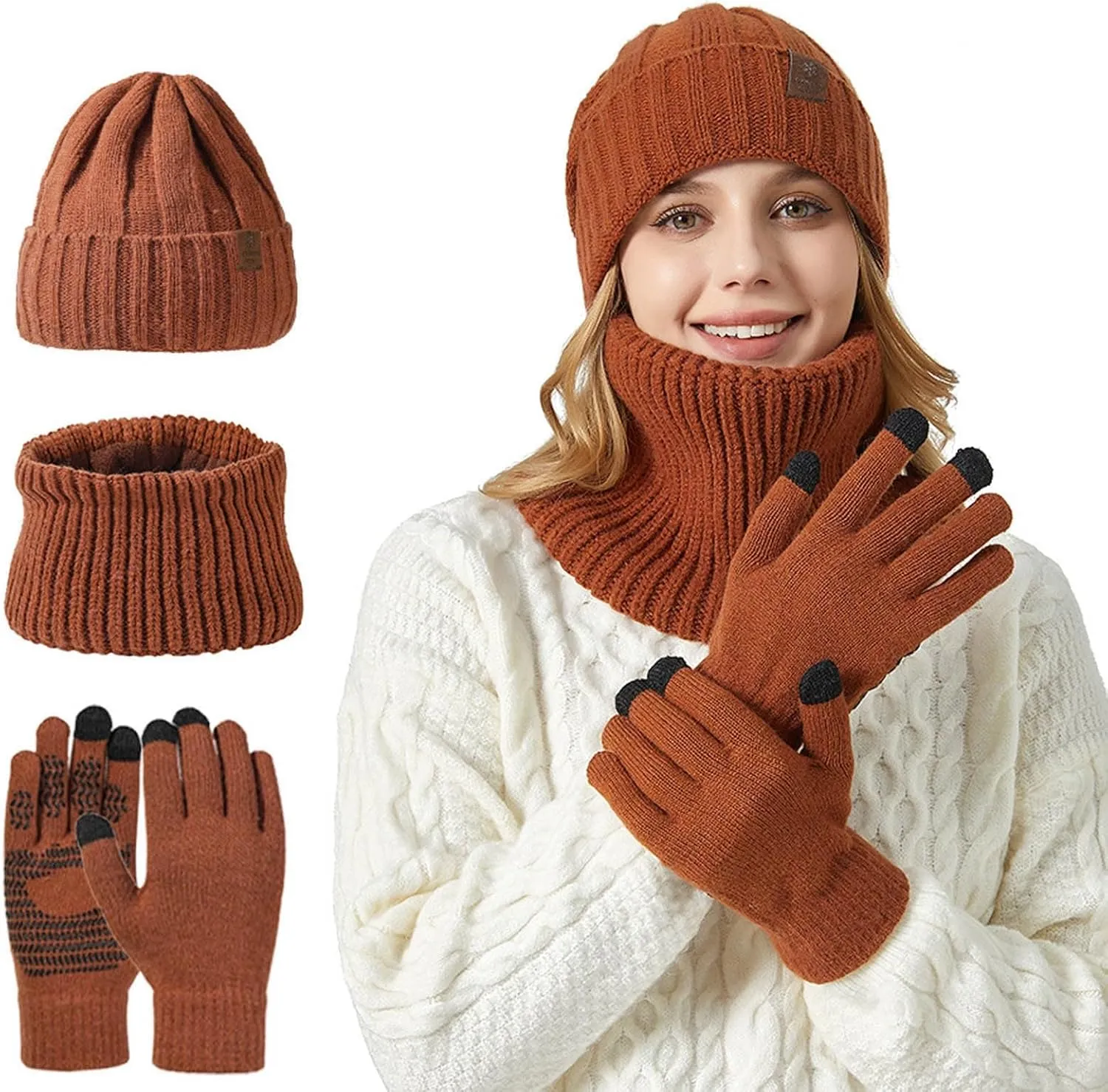 Winter Hat Scarf and Glove Set for Women Slouchy Warm Knit Beanie Hats Thermal Neck Scarves Touchscreen Gloves Sets