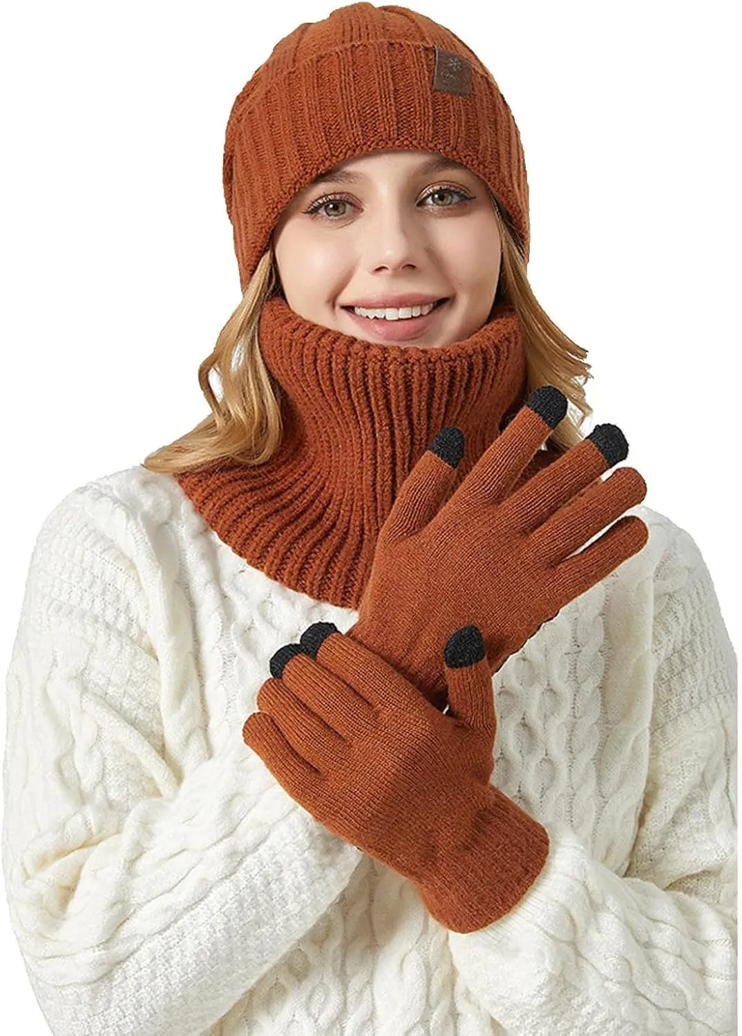 Winter Hat Scarf and Glove Set for Women Slouchy Warm Knit Beanie Hats Thermal Neck Scarves Touchscreen Gloves Sets