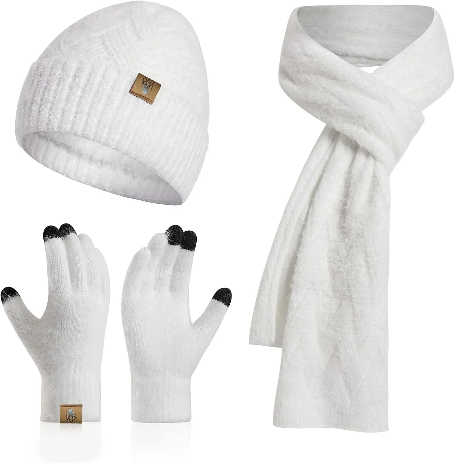 Winter Knit Hat Beanie Scarf for Women with Touch Screen Gloves Set Skull Caps Pompom Hat Neck Scarves for Men