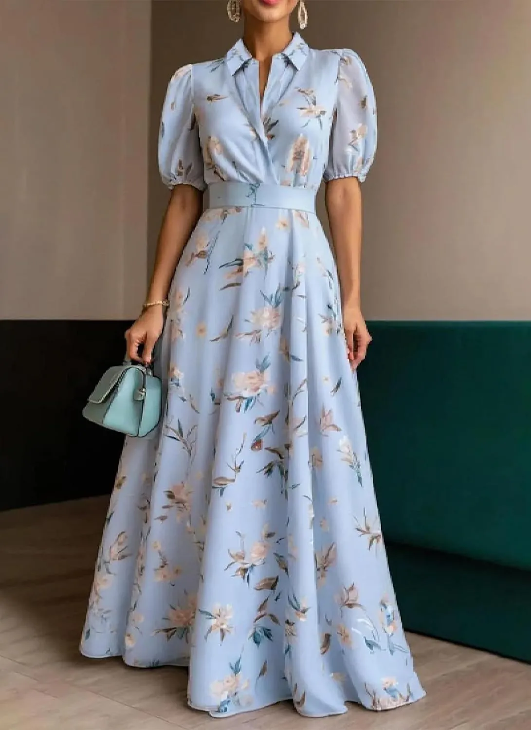 Women's Maxi Dresses Casual Spring Breezy Floral Print Collared Blue Short Sleeve Shift Flowy Summer Dress
