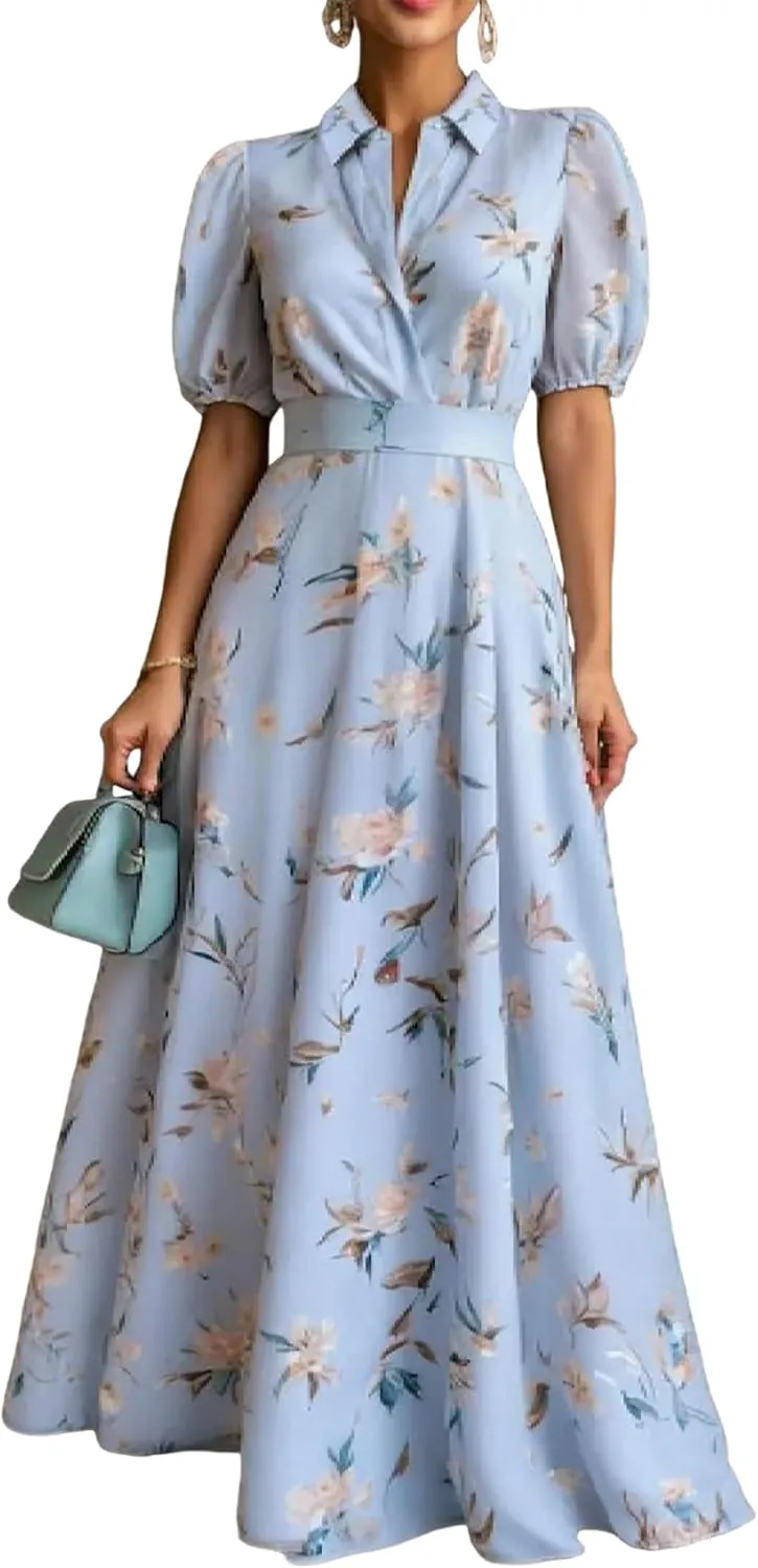 Women's Maxi Dresses Casual Spring Breezy Floral Print Collared Blue Short Sleeve Shift Flowy Summer Dress