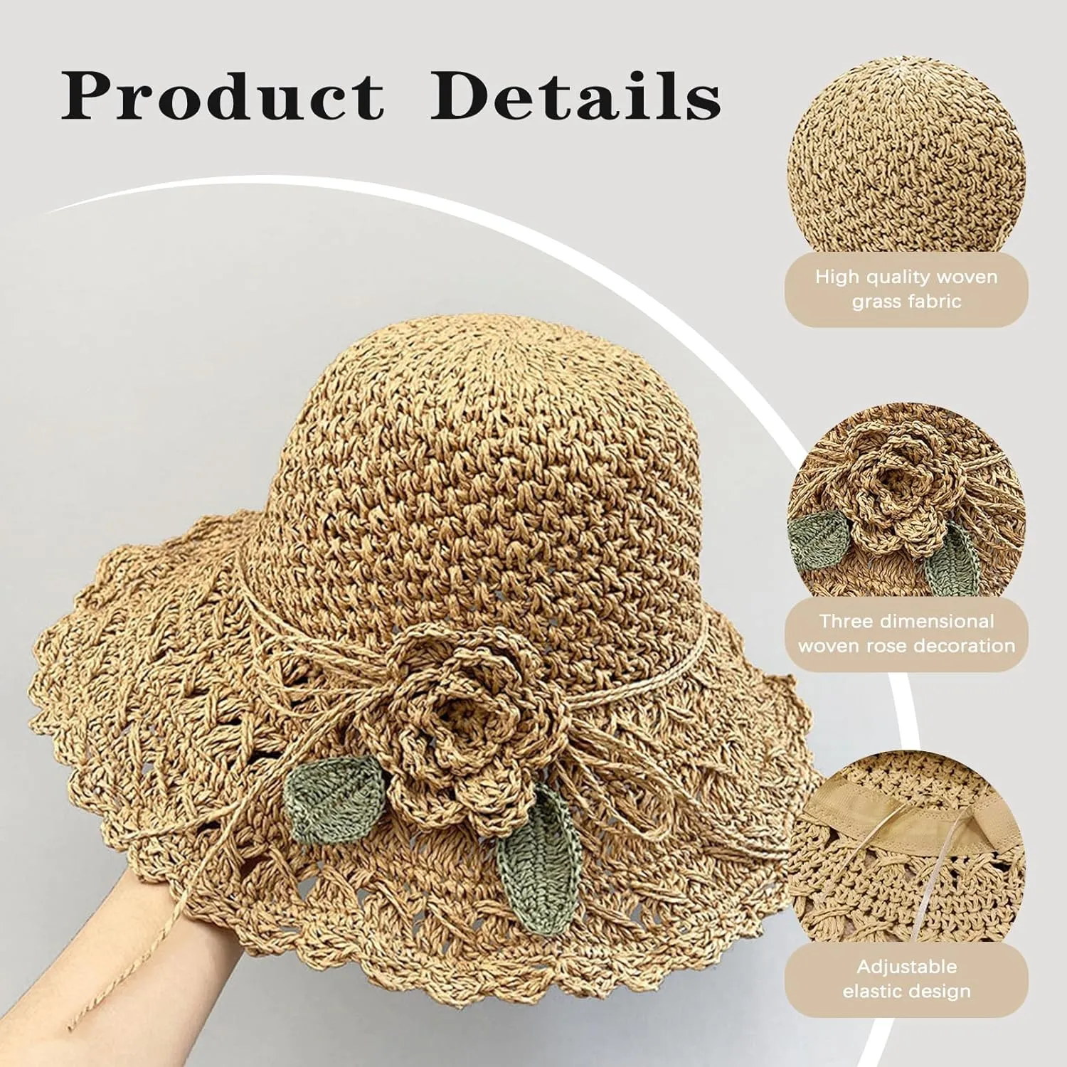 Women's Straw Hats Beach Sun Hats Foldable Sun Protection Beach Cap Flower Woven Sun Hat Wide Brim Hat Packable Bucket Hats