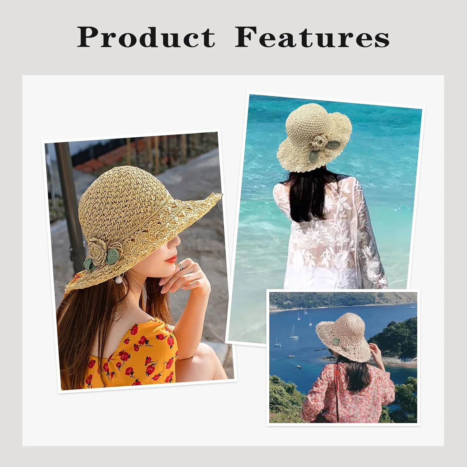 Women's Straw Hats Beach Sun Hats Foldable Sun Protection Beach Cap Flower Woven Sun Hat Wide Brim Hat Packable Bucket Hats