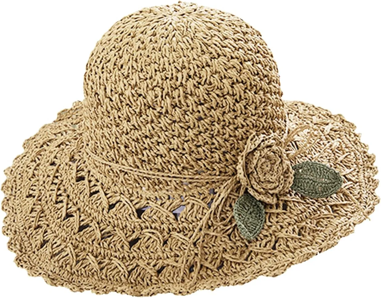 Women's Straw Hats Beach Sun Hats Foldable Sun Protection Beach Cap Flower Woven Sun Hat Wide Brim Hat Packable Bucket Hats