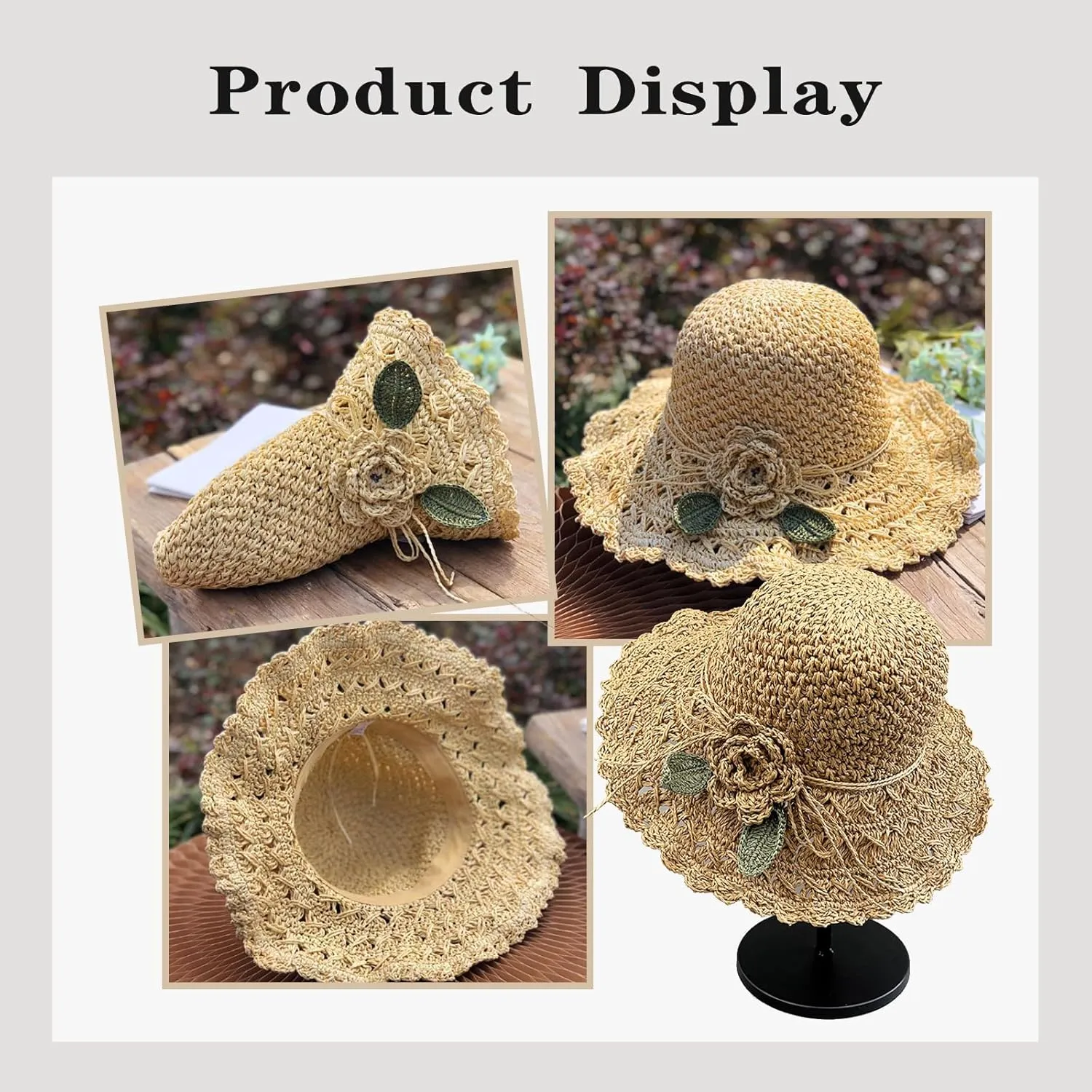 Women's Straw Hats Beach Sun Hats Foldable Sun Protection Beach Cap Flower Woven Sun Hat Wide Brim Hat Packable Bucket Hats