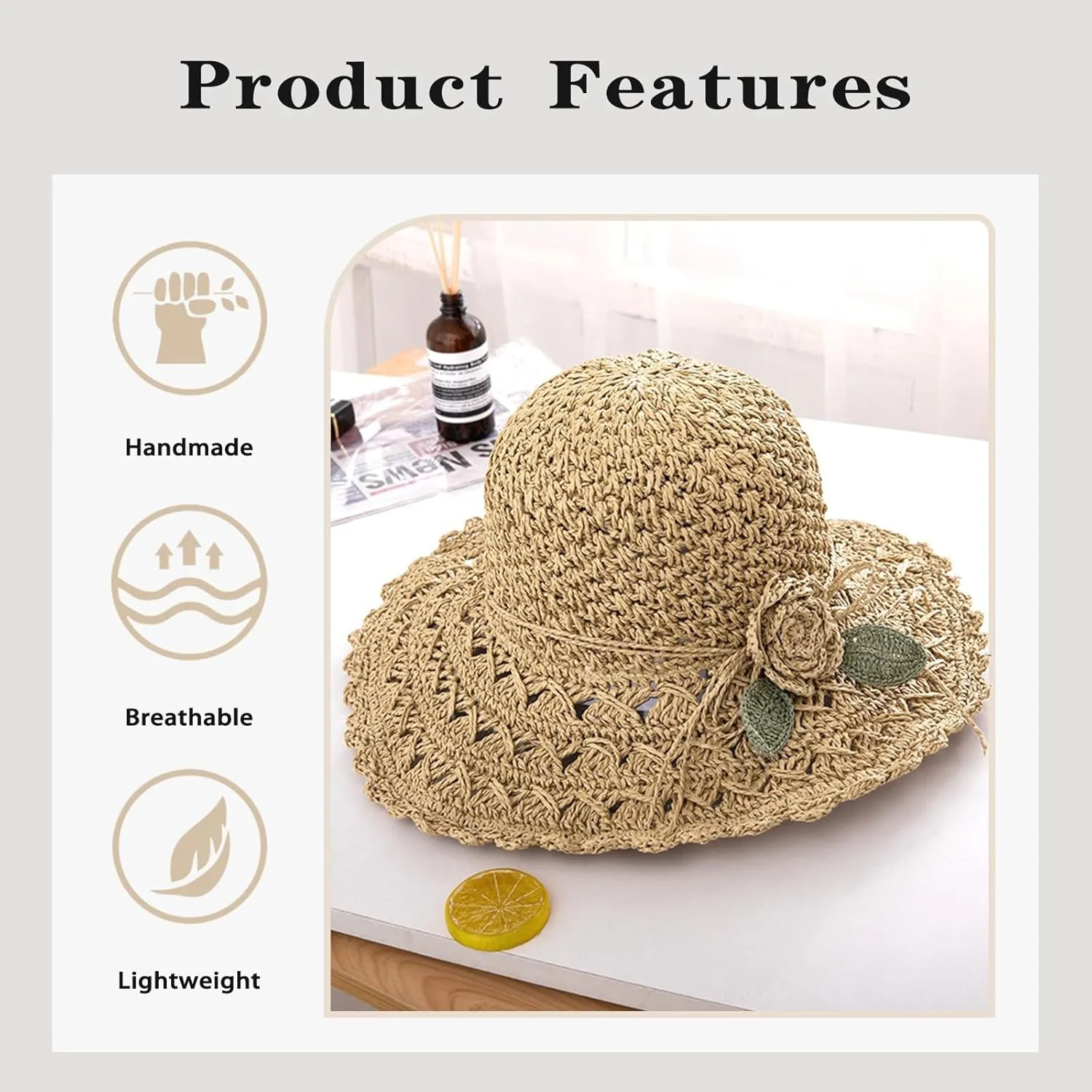 Women's Straw Hats Beach Sun Hats Foldable Sun Protection Beach Cap Flower Woven Sun Hat Wide Brim Hat Packable Bucket Hats