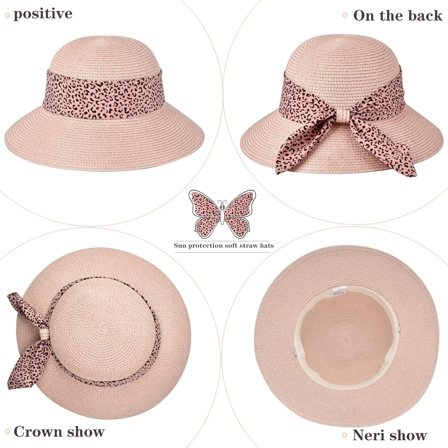 Womens Straw Sun Hat Summer Beach Wide Brim UV Protection Hats with Chin Strap Floppy Foldable Cute Bowknot UPF 50 Cap